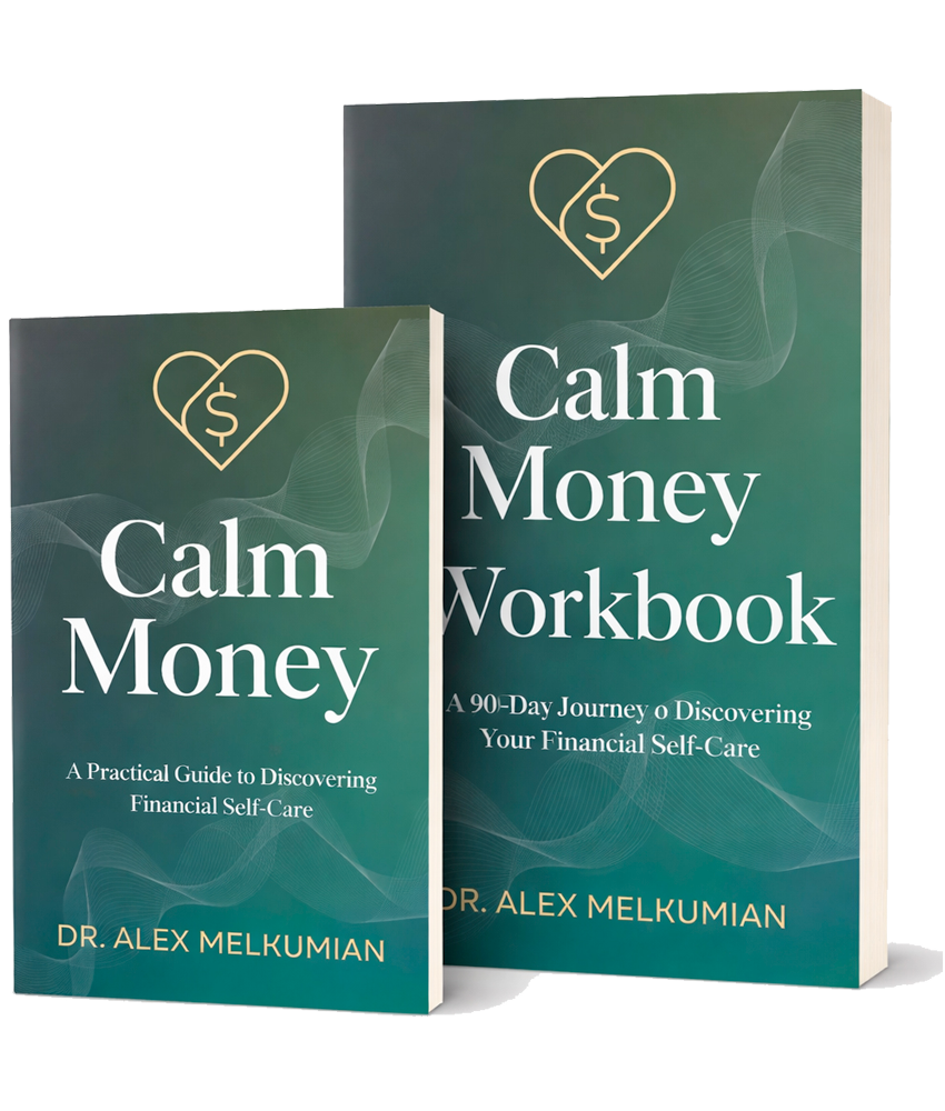 Two books titled 'Calm Money' and 'Calm Money Workbook' by Dr. Alex Melkumian.